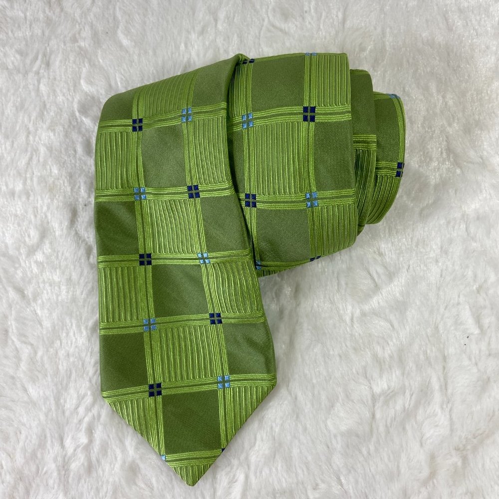 MICHAEL Michael Kors Lime Green and Blue Square Pattern 100% Silk Necktie Tie - Picture 4 of 6